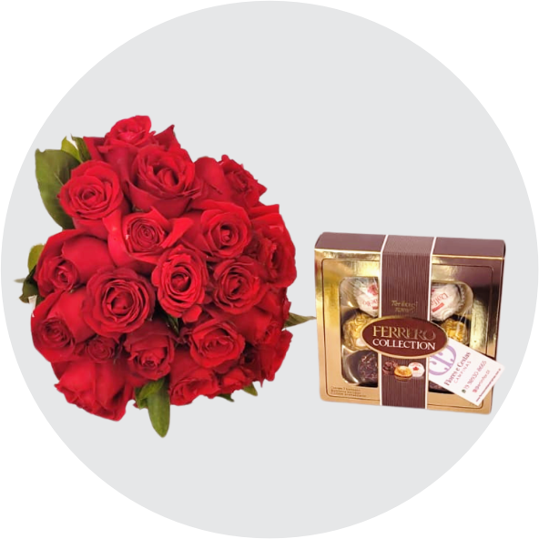 Buquê de rosas e flores com chocolates.