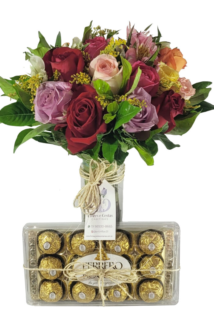 Arranjo Colorido De Rosas Com Ferrero Rocher